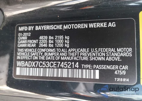 2012 BMW 335I из США, поврежденный, VIN WBADX7C53CE745214